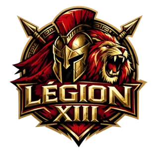Blason de la Légion XIII&nbsp;: lion casqué, lances croisées, XIII en or.